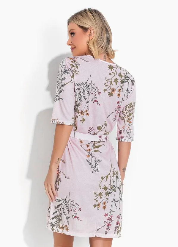 Moda Pop - Vestido Floral Rosa com Mangas Curtas e Faixa 2