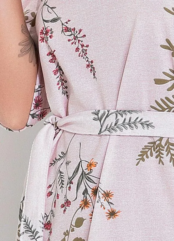 Moda Pop - Vestido Floral Rosa com Mangas Curtas e Faixa 3