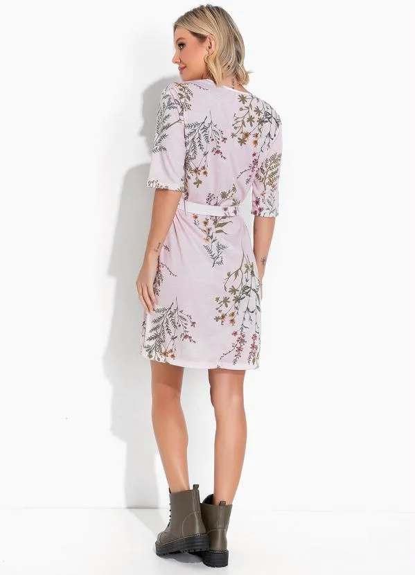 Moda Pop - Vestido Floral Rosa com Mangas Curtas e Faixa 5