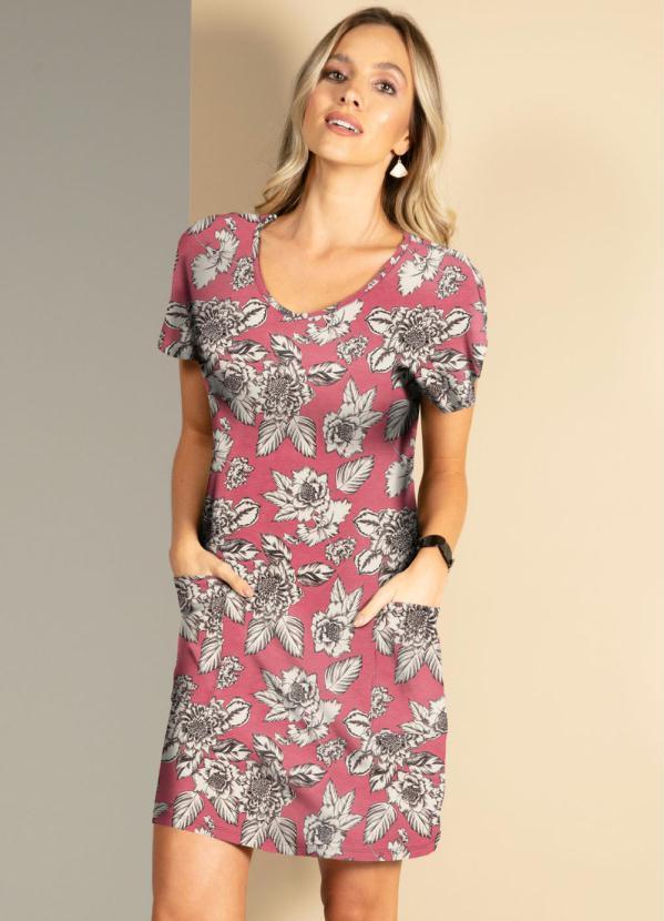 Quintess - Vestido Floral Rosa Soltinho com Bolsos