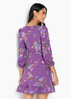 Moda Pop - Vestido Floral Roxo com Babado e Decote Redondo - MODA POP