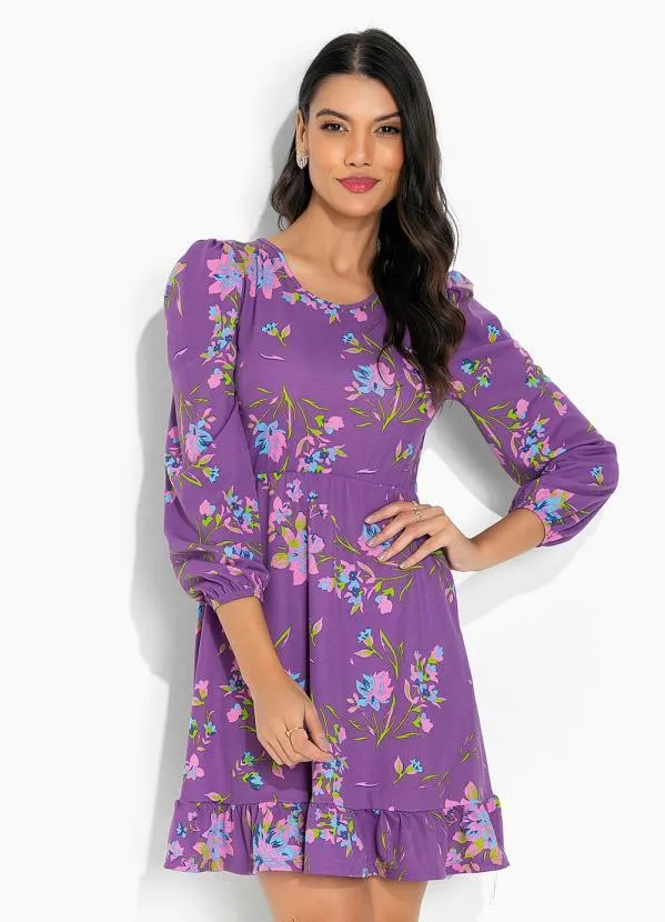 Moda Pop - Vestido Floral Roxo com Babado e Decote Redondo