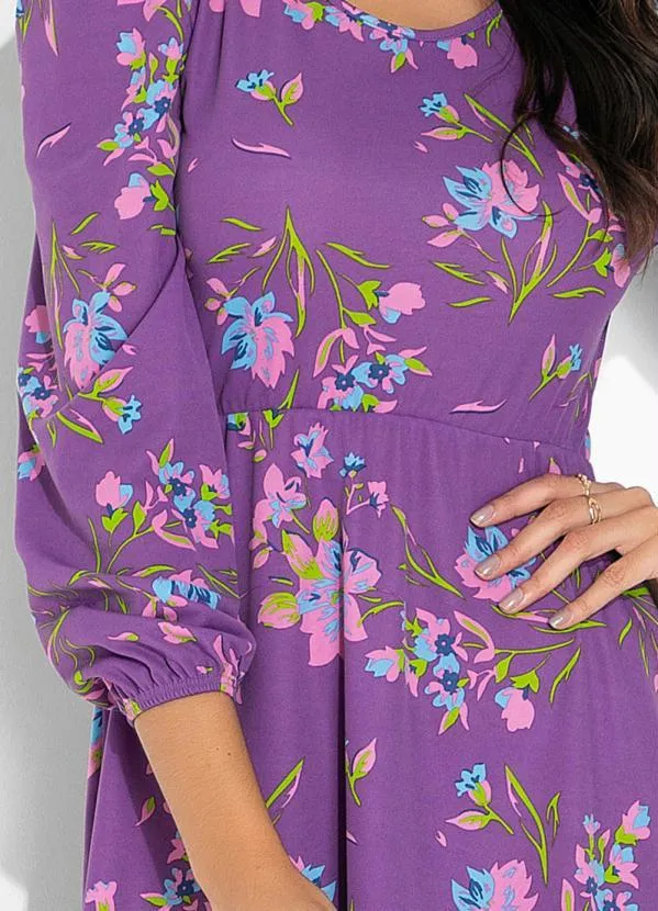 Moda Pop - Vestido Floral Roxo com Babado e Decote Redondo 3