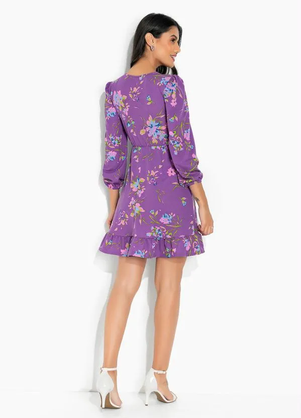Moda Pop - Vestido Floral Roxo com Babado e Decote Redondo 5