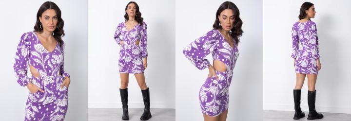 Vestido Floral Roxo com Recortes Vazados