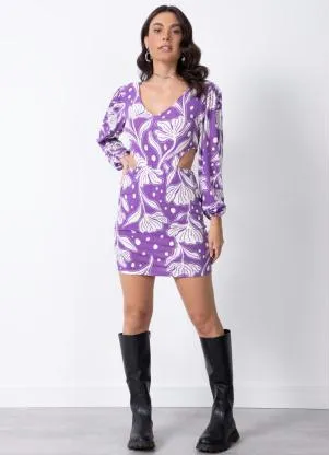 Quintess - Vestido Floral Roxo com Recortes Vazados - QUINTESS
