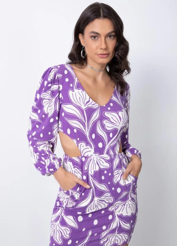 Quintess - Vestido Floral Roxo com Recortes Vazados 3