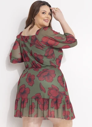 Quintess - Vestido Curto em Tule Floral com Manga Bufante e Decote V - QUINTESS