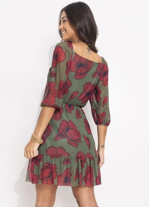 Quintess - Vestido Curto em Tule Floral com Manga Bufante e Decote V - QUINTESS