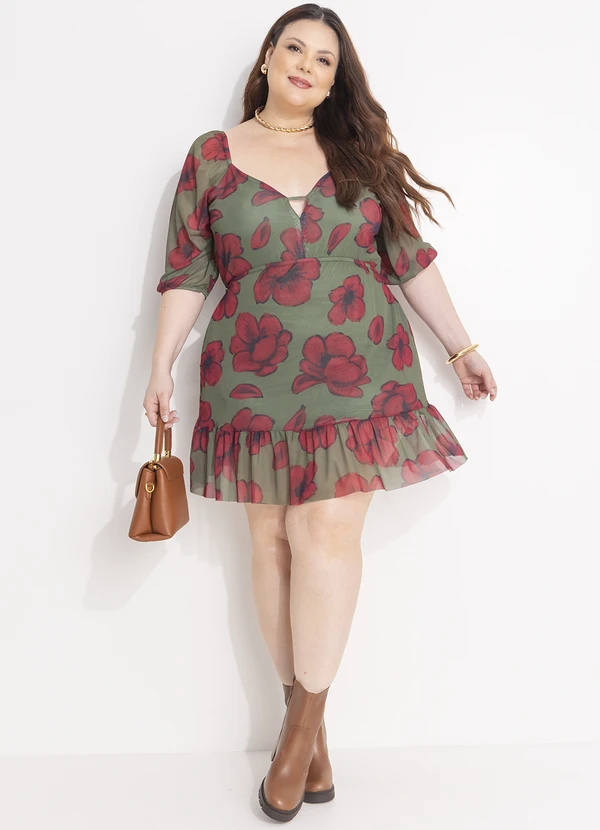 Quintess - Vestido Curto em Tule Floral com Manga Bufante e Decote V 11