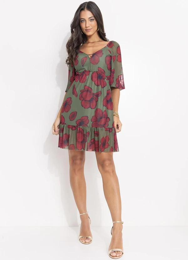 Quintess - Vestido Curto em Tule Floral com Manga Bufante e Decote V 3