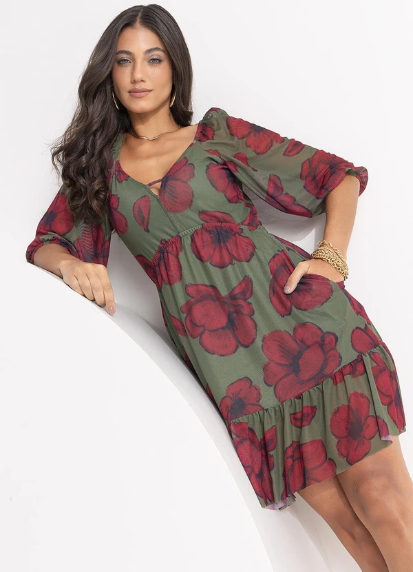 Quintess - Vestido Curto em Tule Floral com Manga Bufante e Decote V 6