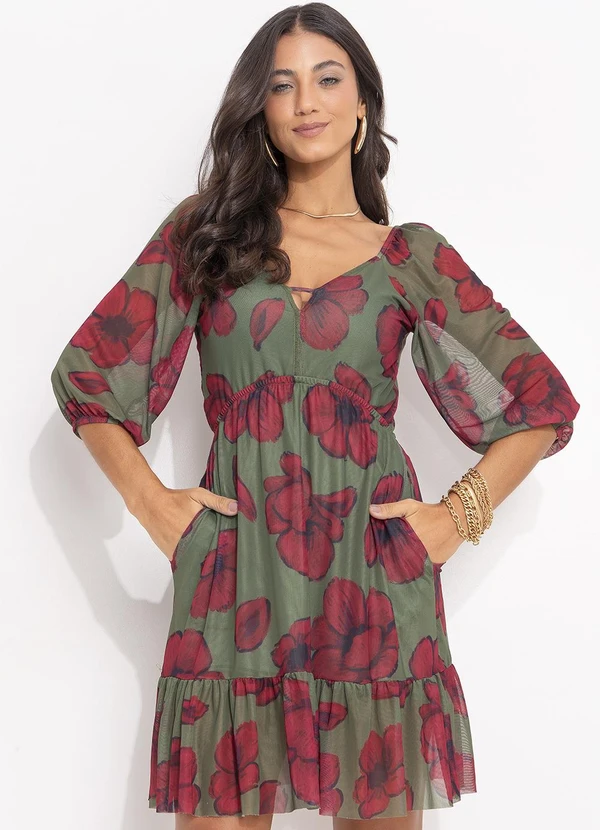 Quintess - Vestido Curto em Tule Floral com Manga Bufante e Decote V 7