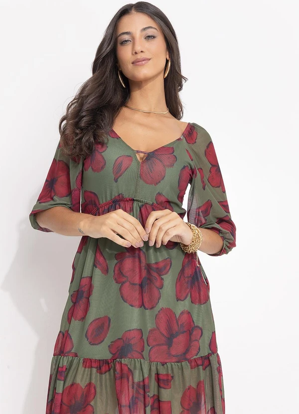 Quintess - Vestido Curto em Tule Floral com Manga Bufante e Decote V 8