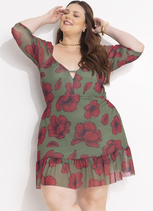 Quintess - Vestido Curto em Tule Floral com Manga Bufante e Decote V 9