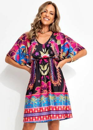 Quintess - Vestido Floral Tropical em Malha Fria - QUINTESS