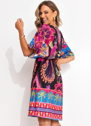 Quintess - Vestido Floral Tropical em Malha Fria - QUINTESS