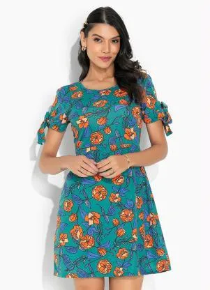 Moda Pop - Vestido Floral Verde com Amarração nas Mangas - MODA POP