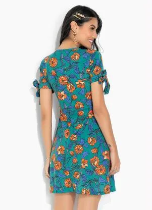 Moda Pop - Vestido Floral Verde com Amarração nas Mangas - MODA POP