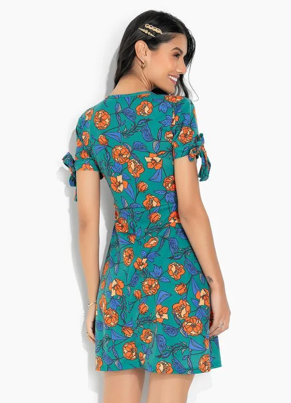 Moda Pop - Vestido Floral Verde com Amarração nas Mangas 2