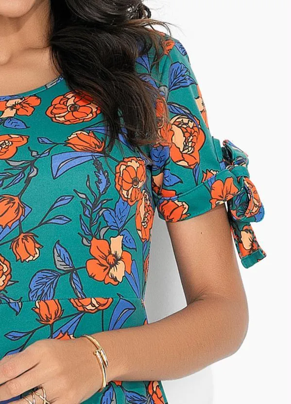 Moda Pop - Vestido Floral Verde com Amarração nas Mangas 3