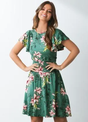 Quintess - Vestido Floral Verde com Mangas em Evasê - QUINTESS