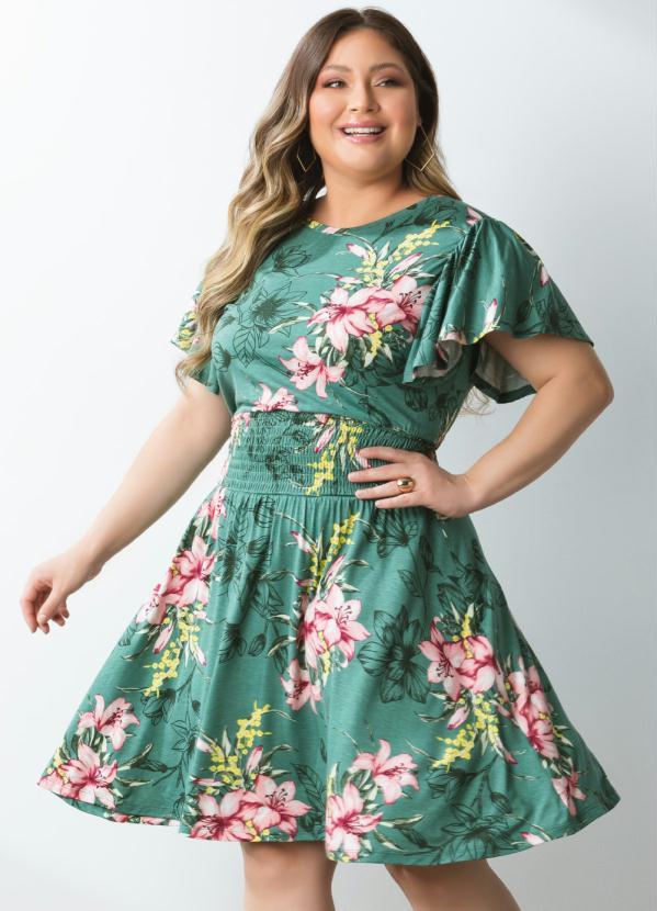 Quintess - Vestido Floral Verde com Mangas em Evasê 4