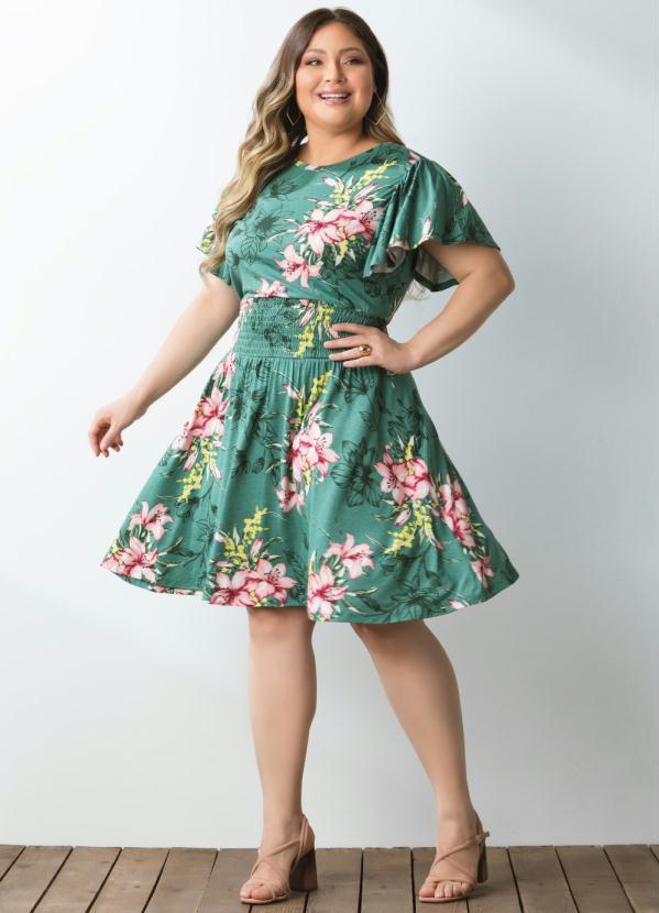Quintess - Vestido Floral Verde com Mangas em Evasê 2