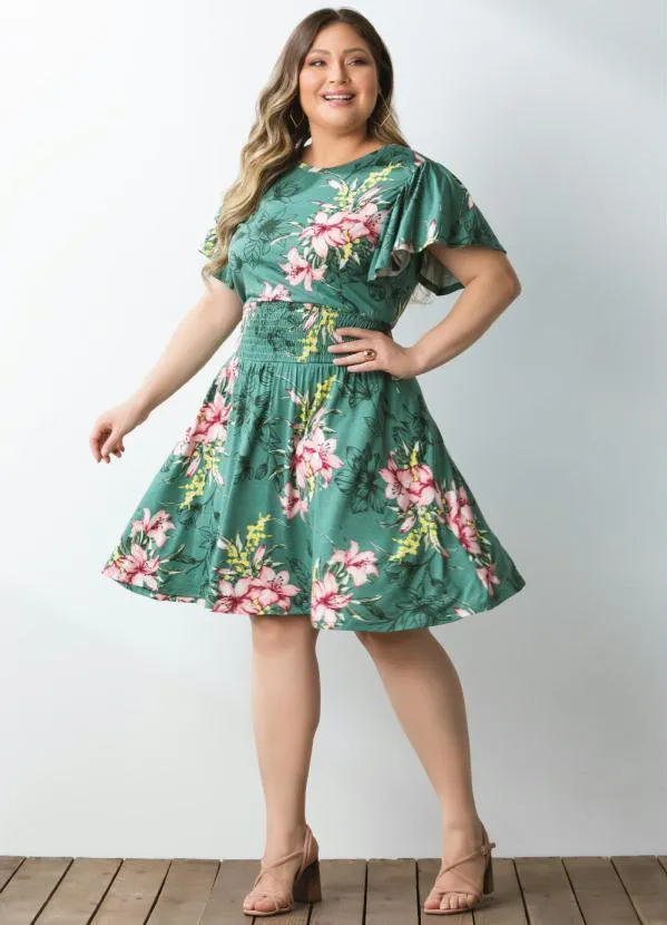 Quintess - Vestido Floral Verde com Mangas em Evasê 8