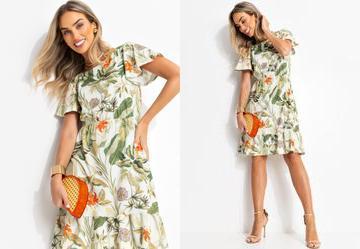 Vestido Floral Verde Mangas Curtas com Babado