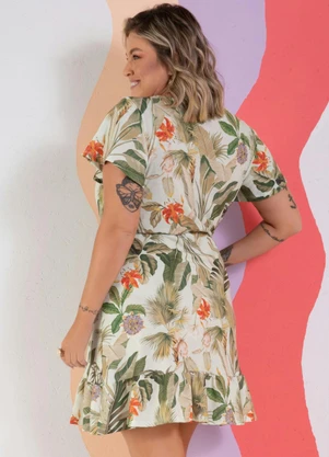 Quintess - Vestido Floral Verde Mangas Curtas com Babado - QUINTESS
