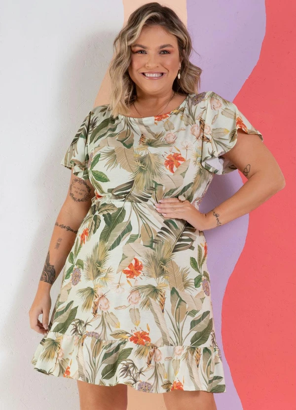 Quintess - Vestido Floral Verde Mangas Curtas com Babado 5