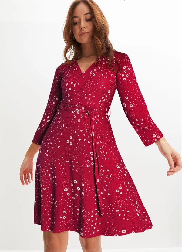 bonprix - Vestido Floral Vermelho em Malha de Viscose