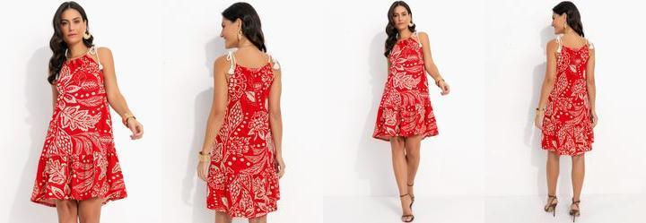 Vestido Floral Vermelho em Malha de Viscose