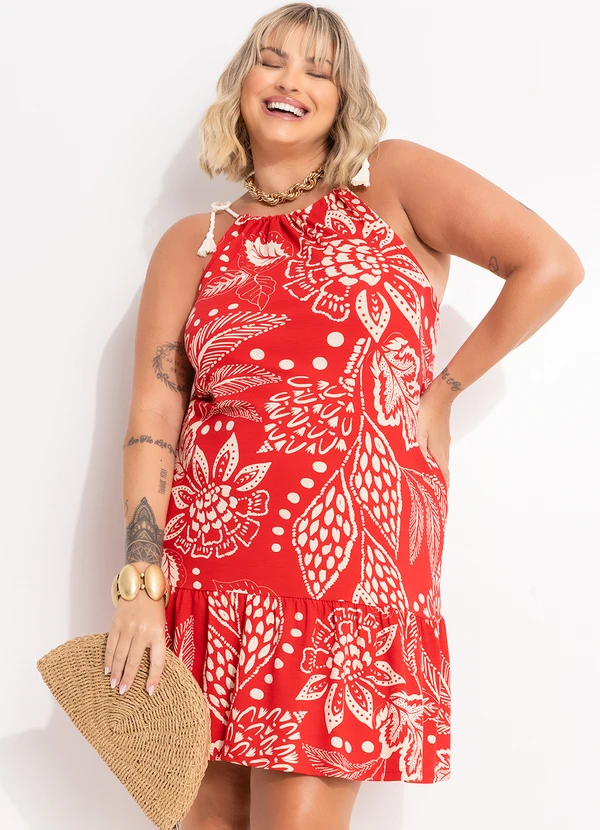 Quintess - Vestido Floral Vermelho em Malha de Viscose 11