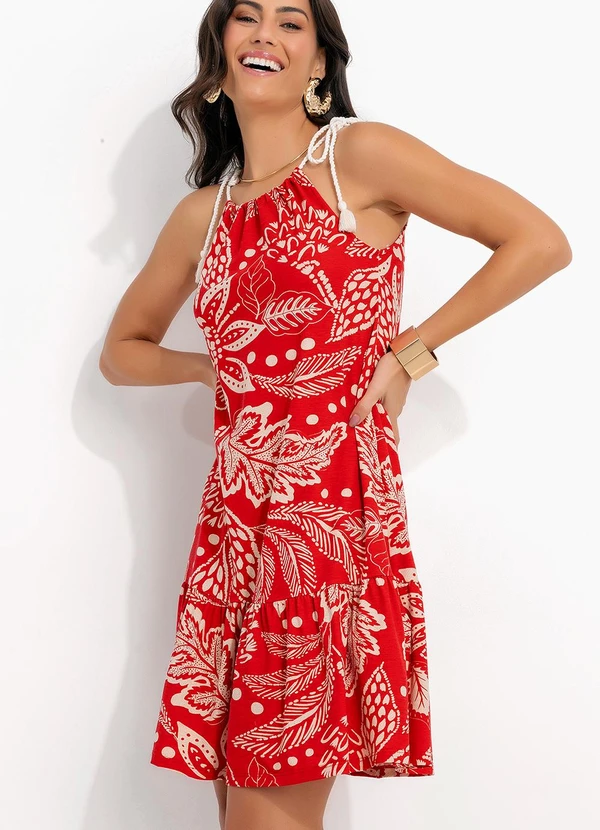Quintess - Vestido Floral Vermelho em Malha de Viscose 8
