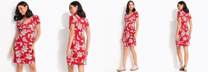 Vestido Floral Vermelho em Malha de Viscose