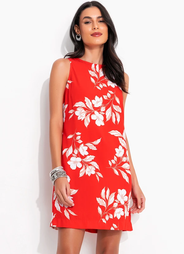 Quintess - Vestido Floral Vermelho em Viscose Plana