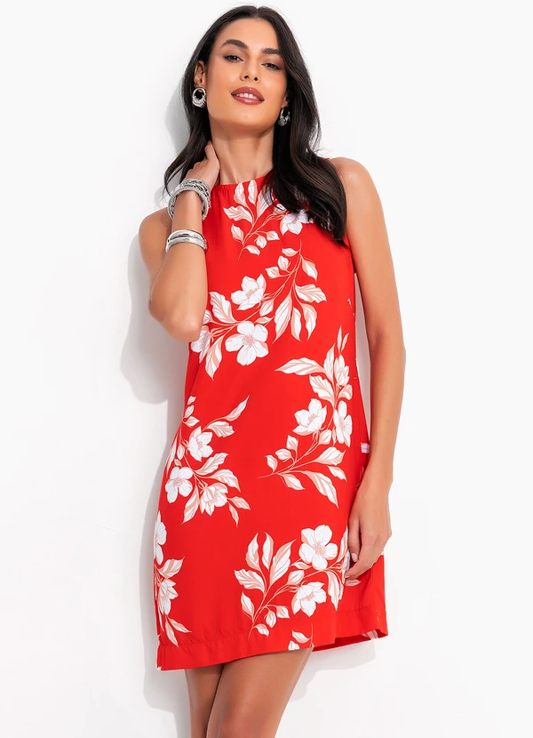 Quintess - Vestido Floral Vermelho em Viscose Plana