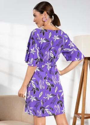 Quintess - Vestido Floral Violeta em Viscose Plana - QUINTESS