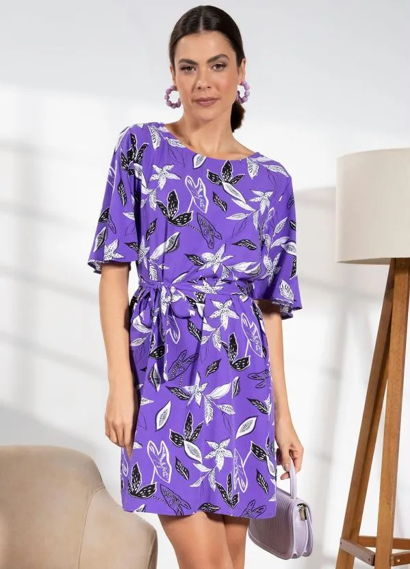 Quintess - Vestido Floral Violeta em Viscose Plana