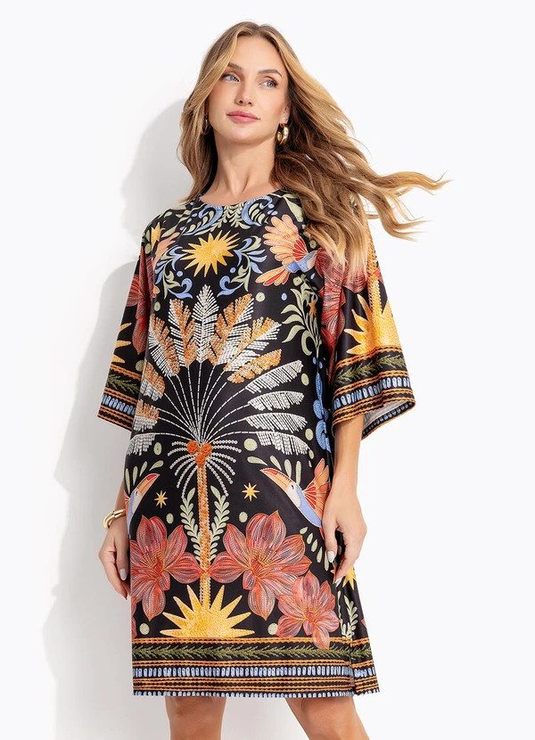 Quintess - Vestido Floresta Colorida em Malha Fria