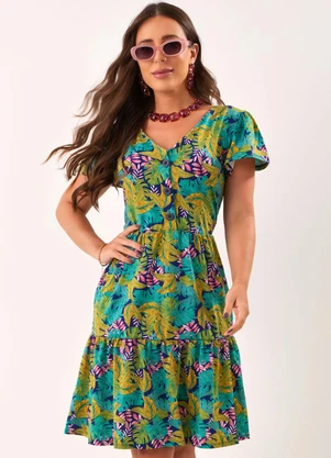 Quintess - Vestido Folhagem Amarela com Bolso e Babado - QUINTESS