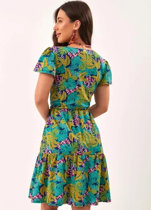 Quintess - Vestido Folhagem Amarela com Bolso e Babado - QUINTESS