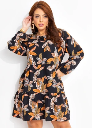 Quintess - Vestido Folhagem Animal Print em Crepe Plano - QUINTESS