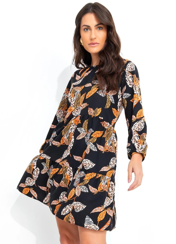 Quintess - Vestido Folhagem Animal Print em Crepe Plano