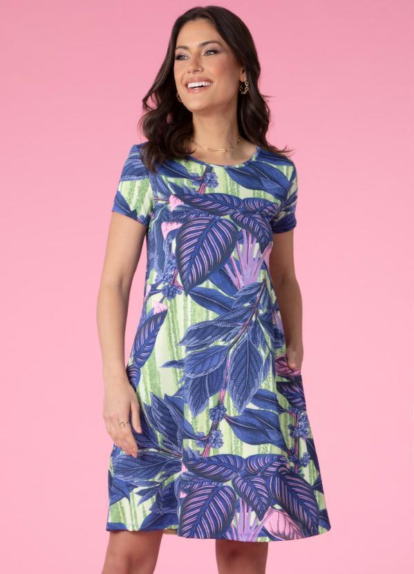 Vestido (Folhagem Azul) com Bolsos e Mangas Curtas