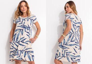 Vestido Folhagem Azul com Bolsos e Mangas Curtas