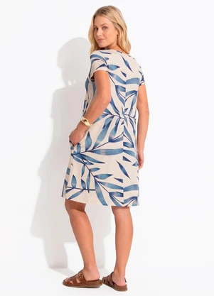 Quintess - Vestido Folhagem Azul com Bolsos e Mangas Curtas - QUINTESS