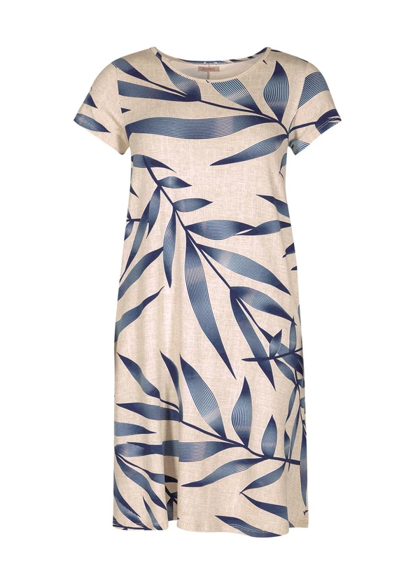 Quintess - Vestido Folhagem Azul com Bolsos e Mangas Curtas